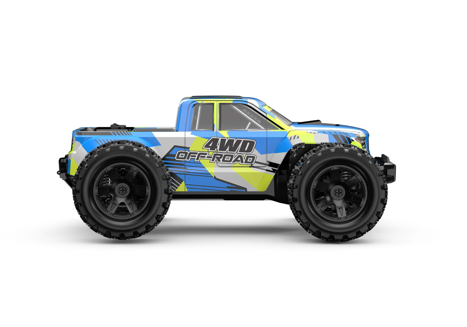 Model of a MJX-18208 4WD off-road RC truck with blue and yellow design on a white background