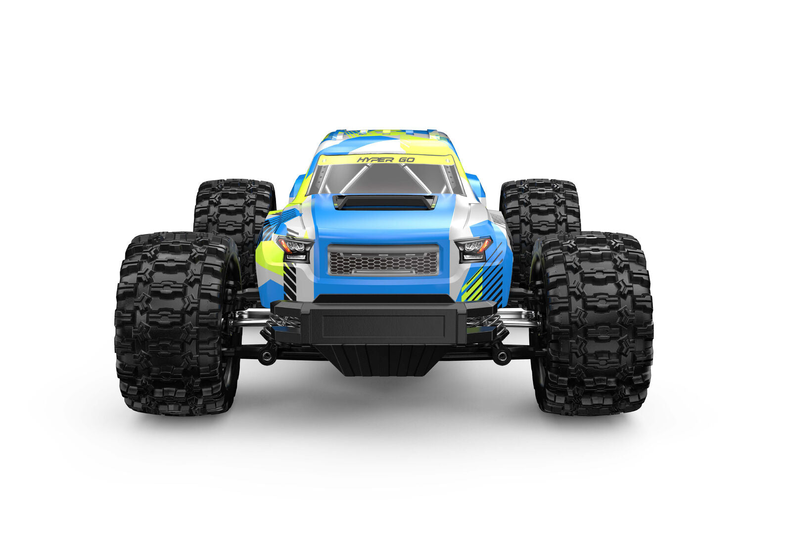 Blue and black RC MJX-18208 monster truck on a white background