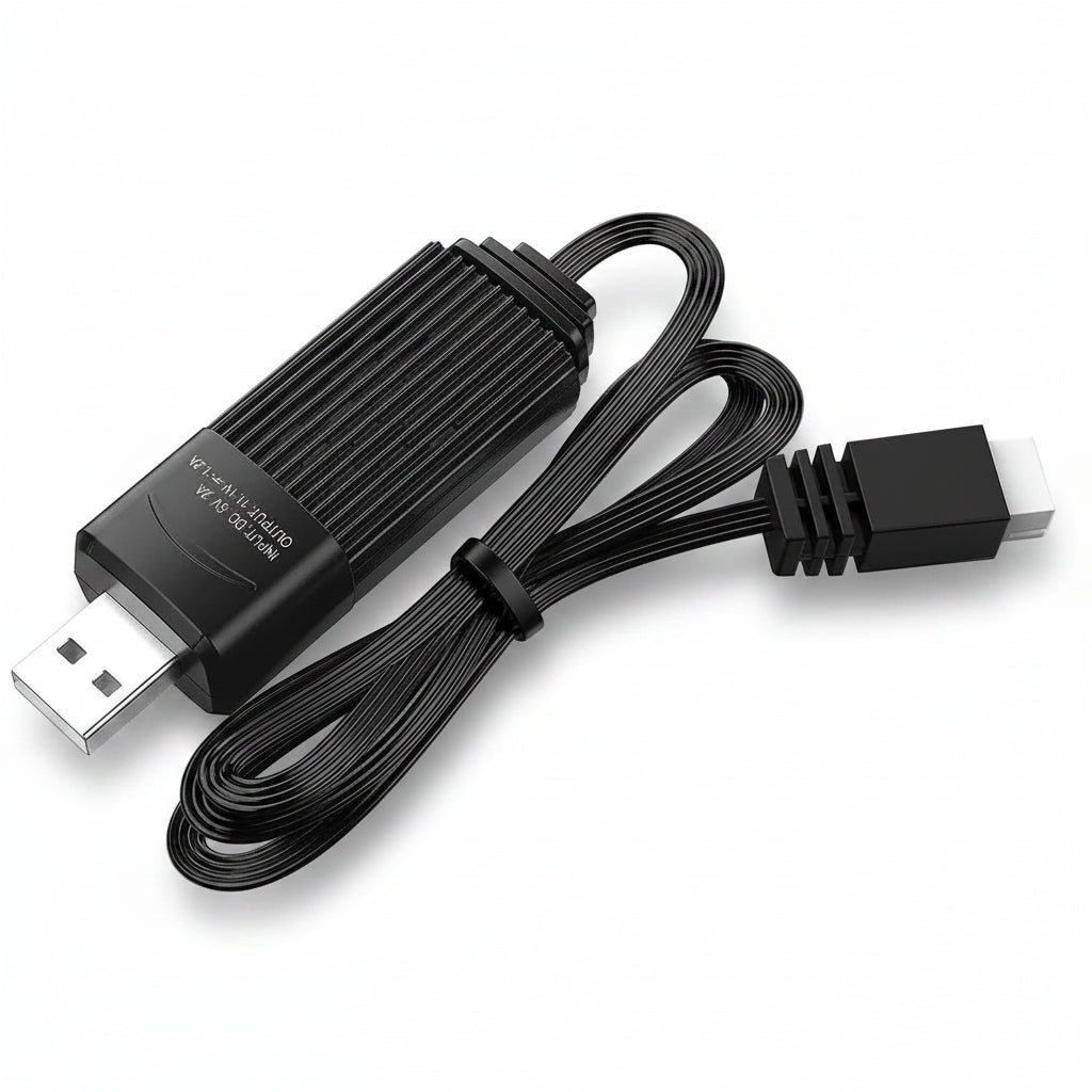 Black MJXS-P3050 USB 3S battery charger cable on a white background
