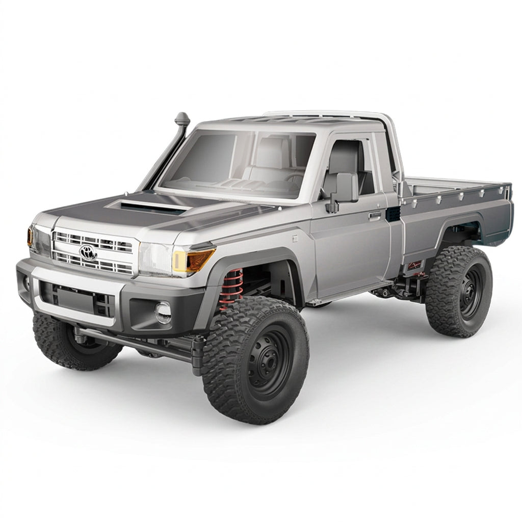 A 1/12 scale model of a Toyota LC79 4WD RC Crawler, predominantly gray in color, ready-to-run with a remote control.