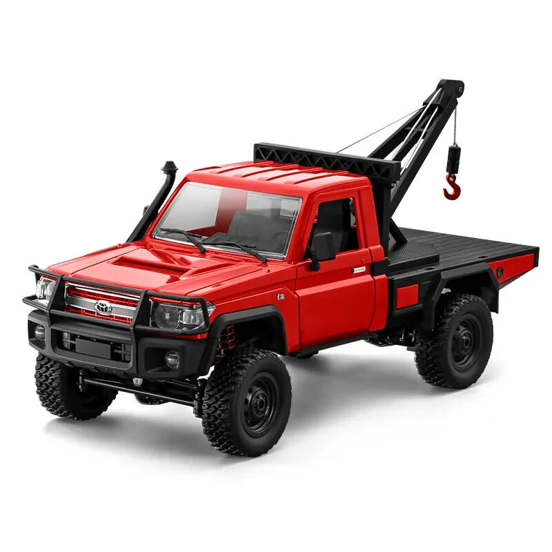Red tow truck with a black flatbed and crane on a white background