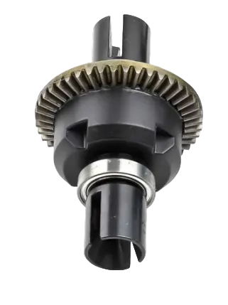 A black metal gear and shaft assembly with a toothed ring and splined ends, photographed on a plain white background.