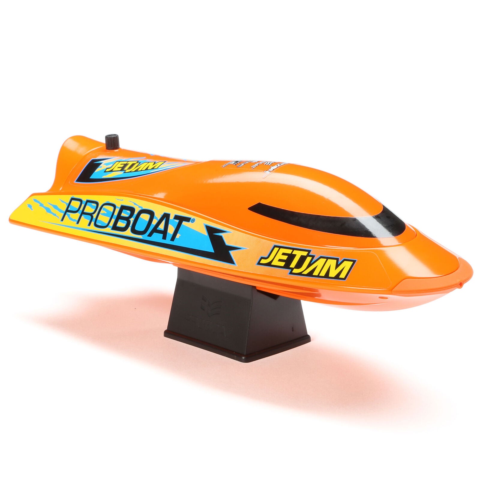 Orange ProBoat JetJam RC boat on a white background