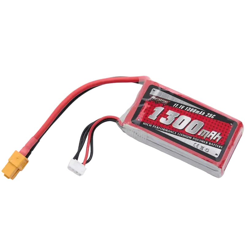 FMS 11.1V 3S 1300mAh 25C LiPo Battery with yellow XT60 Connector on a white background