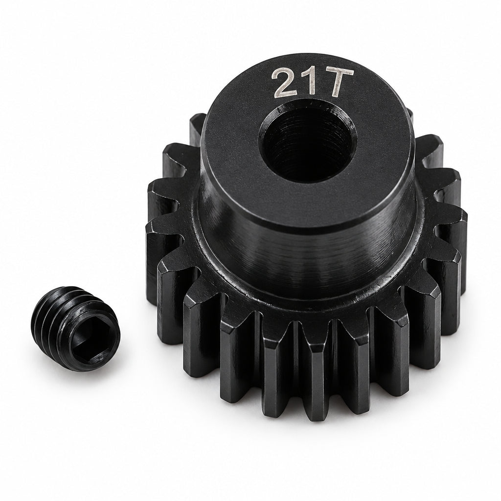 Black metal gear with '21T' marking on a white background