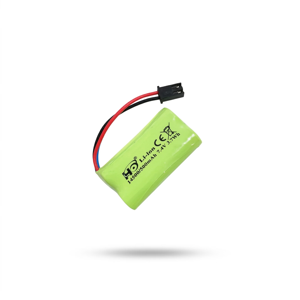 Green battery with red and black wires on a white background