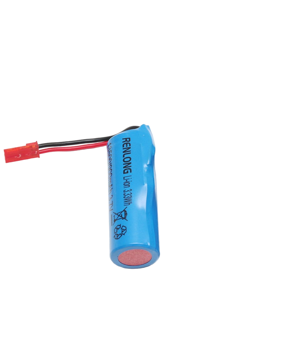 Blue battery with red and black connectors on a white background