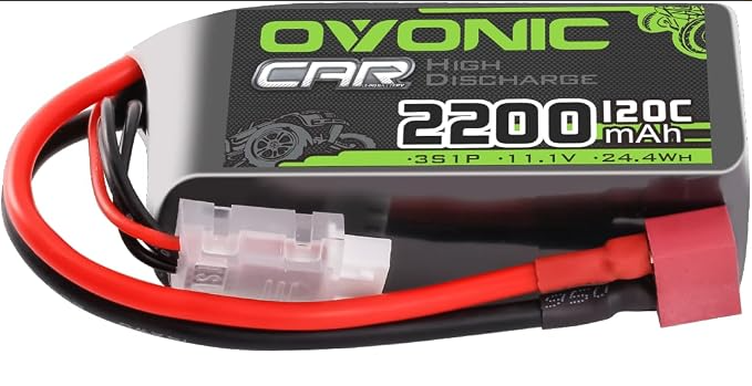 OVONIC Car High Discharge 2200mAh 12.1V LiPo battery with red and black cables and a red TOS-style connector, shown on a white background.