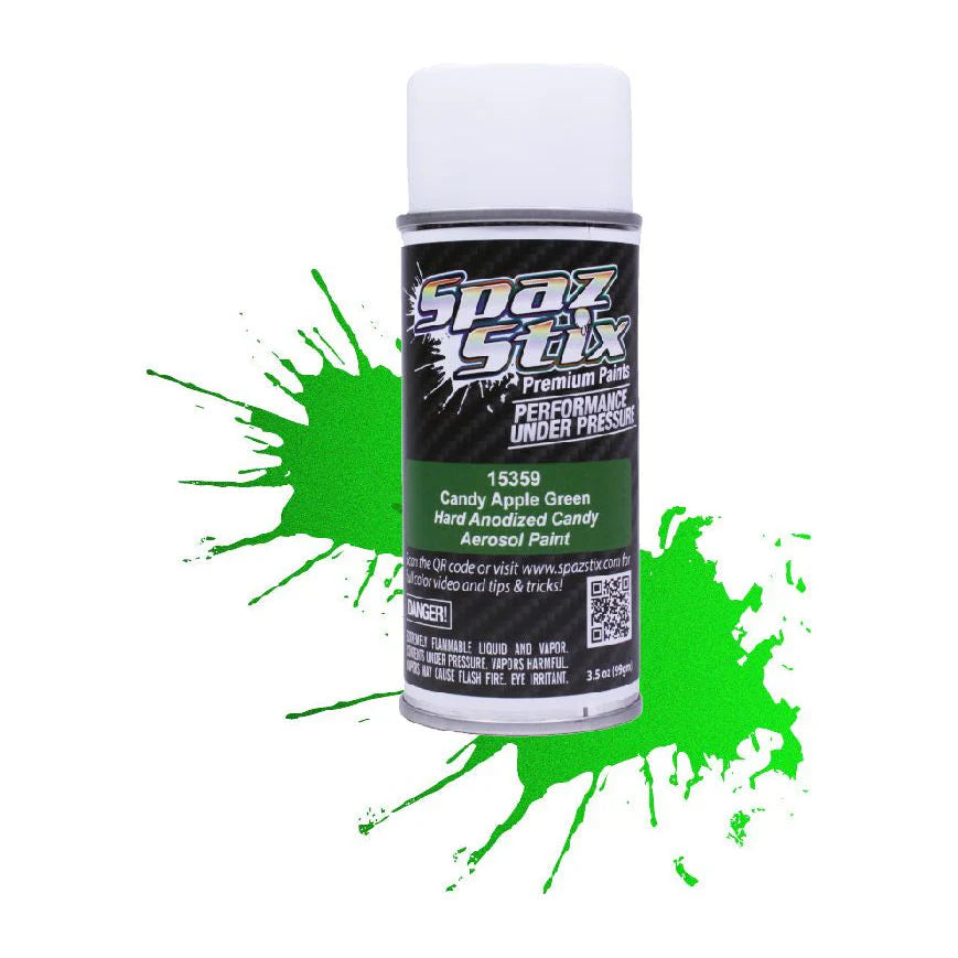 Spaz Stix spray paint can with green splashes on a white background