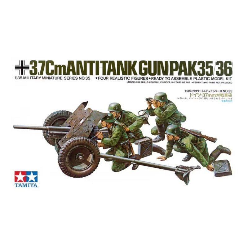 tamiya Model kit packaging of a 3.7cm Anti-Tank Gun Pak 35/36 with four soldiers on a white background.