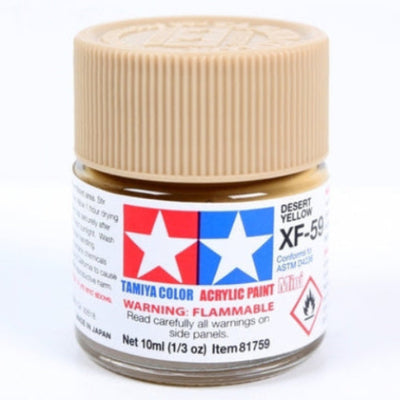 A 10ml bottle of Tamiya Color XF-59 Desert Yellow acrylic paint, featuring a ribbed beige cap and a white label with red and blue branding.