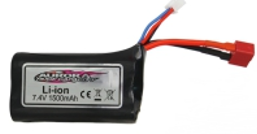 A 7.4V 1500mAh Li-ion battery with a black casing, red and white connectors, and labeled specifications.