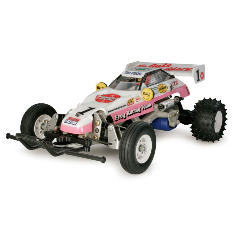 Pink and white livery Tamiya The Frog 2WD 1/10th Scale Electric Off Road RC Buggy Kit on a white background.