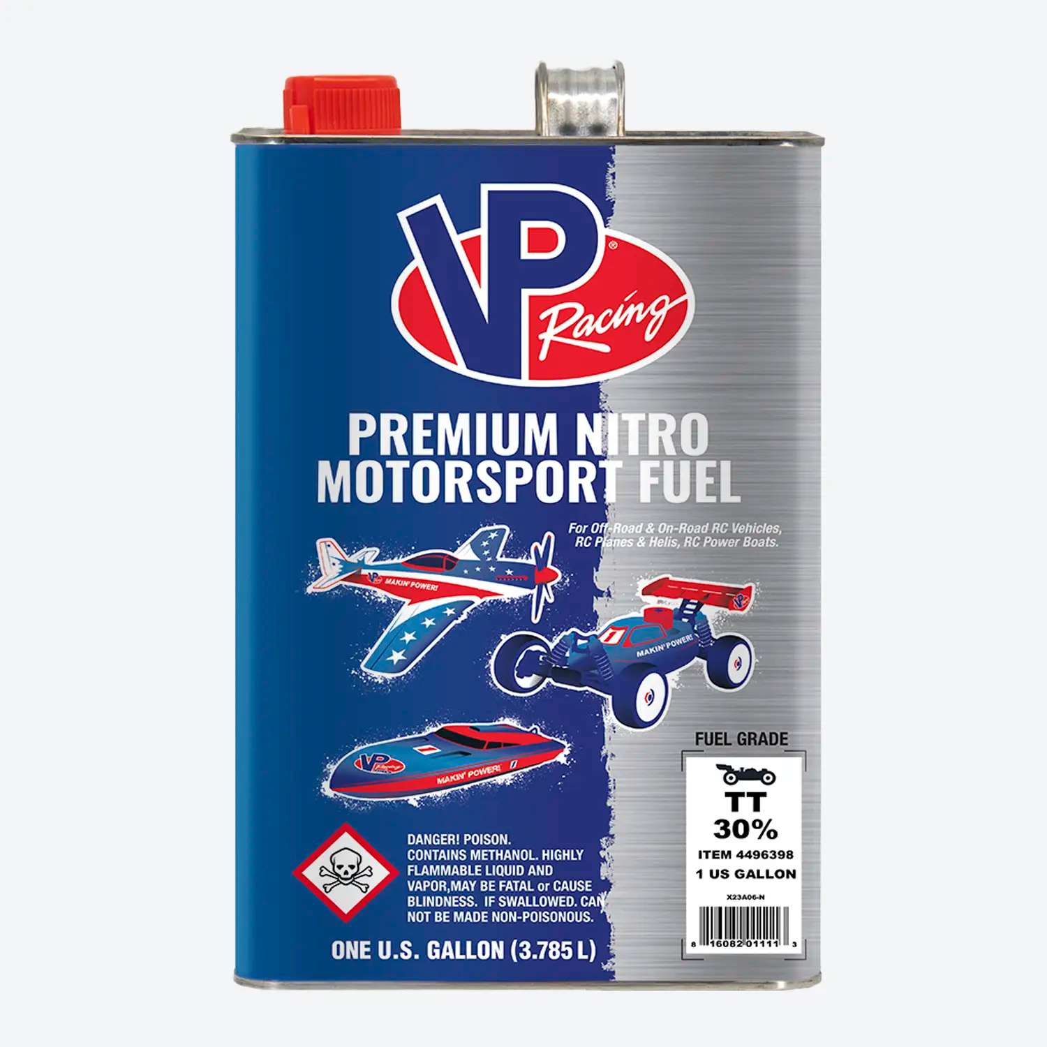 VP Racing Premium Nitro Motorsport Fuel can with blue label and red cap on white background