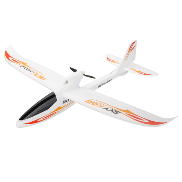 White Sky King RC Glider airplane with orange and black accents on a white background