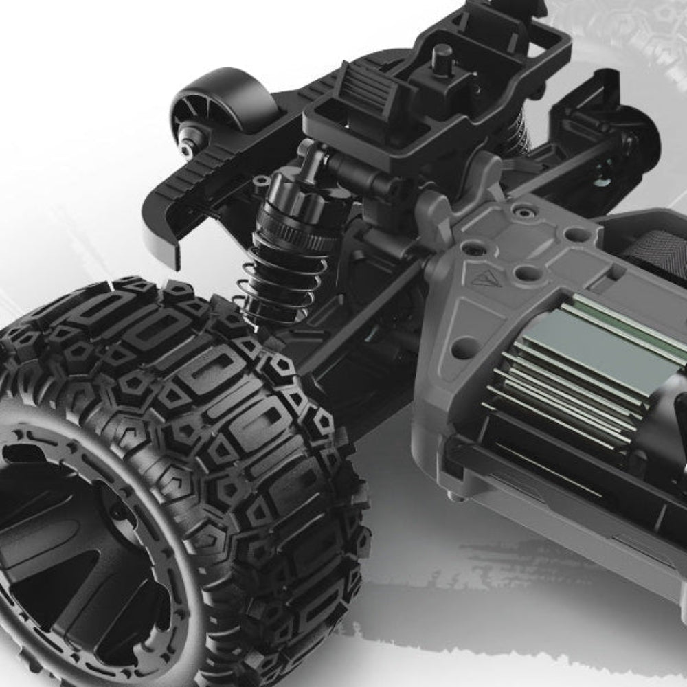 Close-up of a Maverick QBit RC car chassis with suspension and tire on a white background