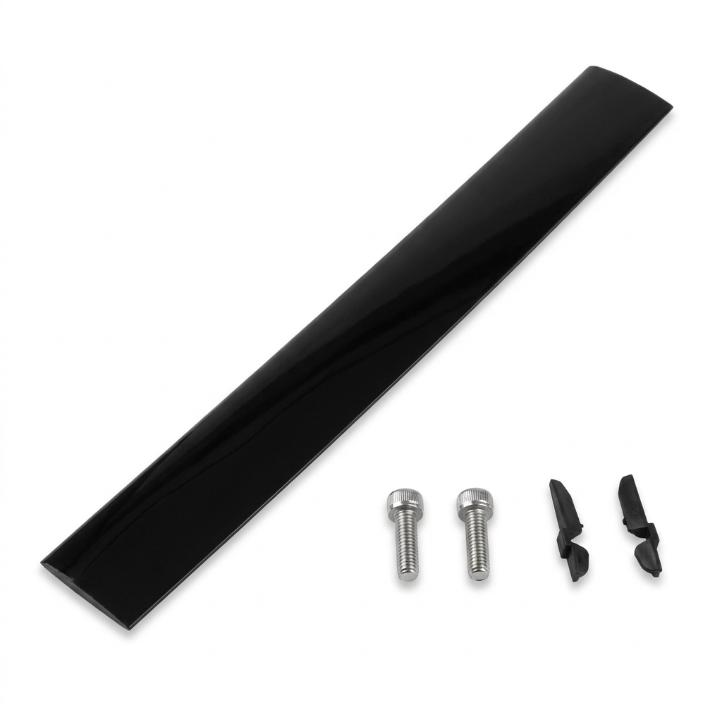 A glossy black replacement blade or strip shown diagonally on a plain light background, with two small silver screws and two small black plastic pieces placed below it.