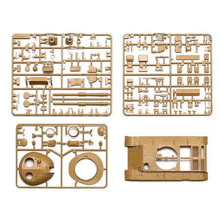 Four unpainted light tan plasticTamiya 1/35 Tiran 5 Israeli Tank Model Kit parts on sprues and tank hull, shown on a plain white background.