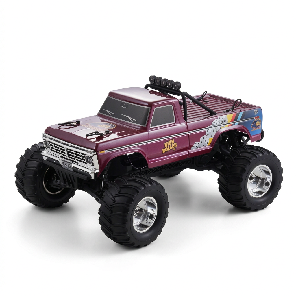 Toy monster truck with large wheels and a 'NEW' label on a white background