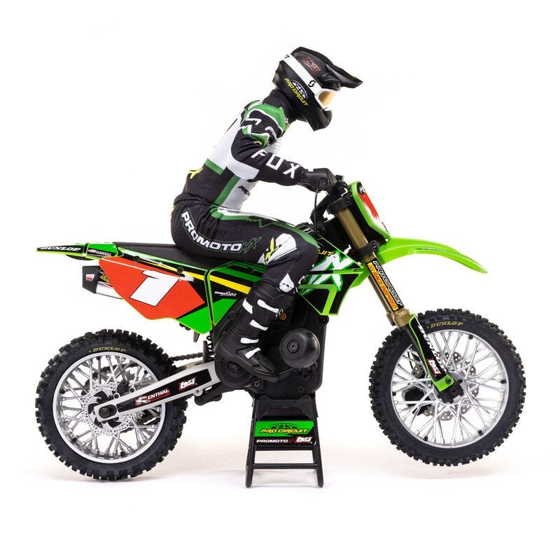  Losi Promoto-MX 1/4 Dirt Bike with rider on a stand against a white background