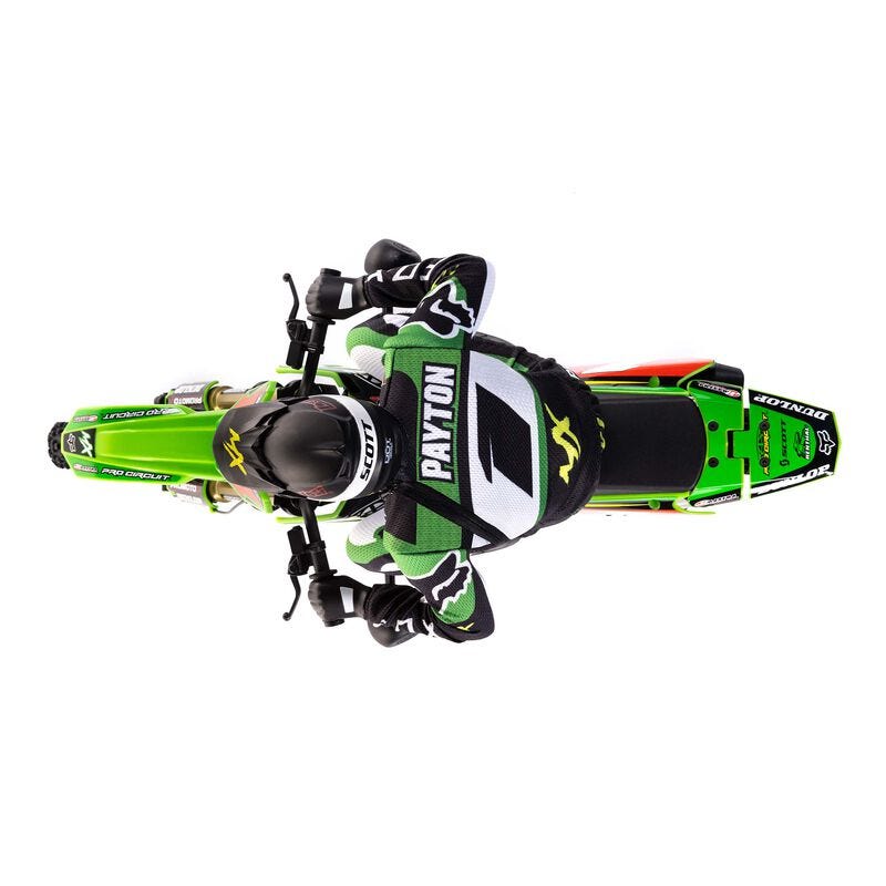 Green and black  Losi Promoto-MX 1/4 Dirt Bike with 'Payton' branding on the MX jersey on a white background