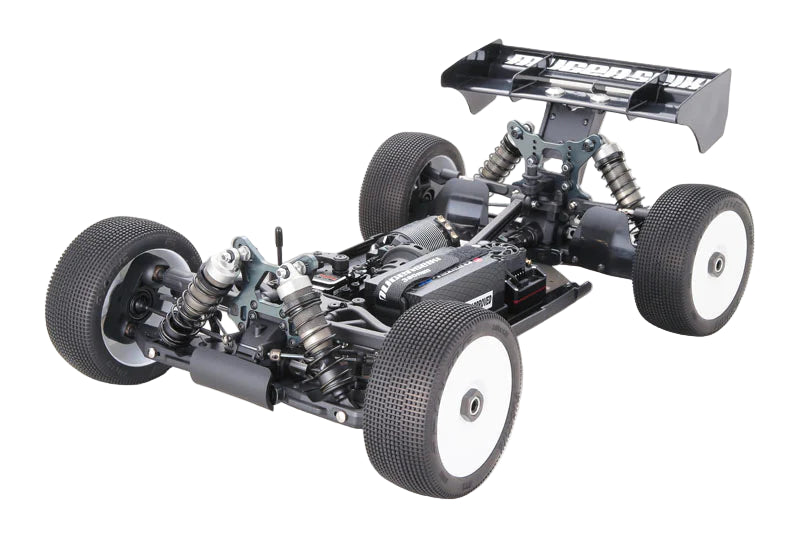 Close-up of a Mugen MBX8R-ECO RC car chassis on a white background