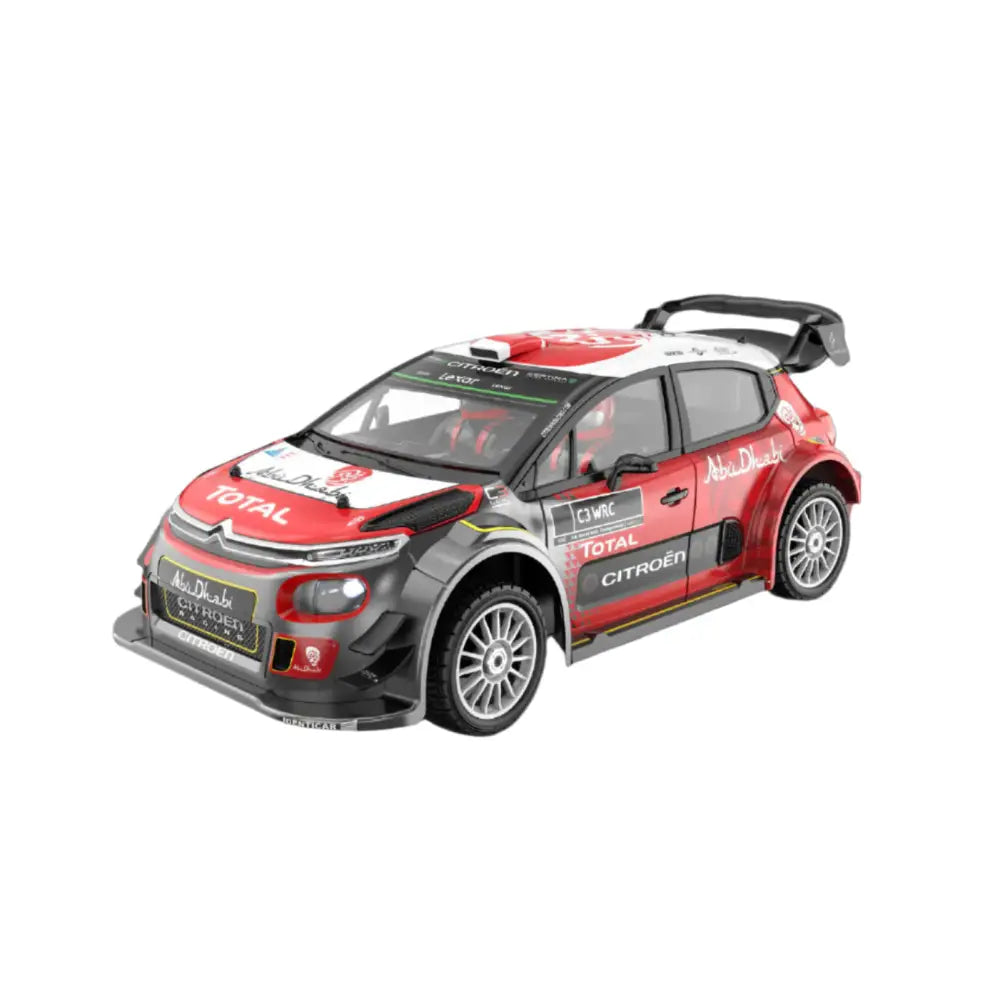 Model car of a MJX-7303 Citroen rally car with various sponsor logos on a white background