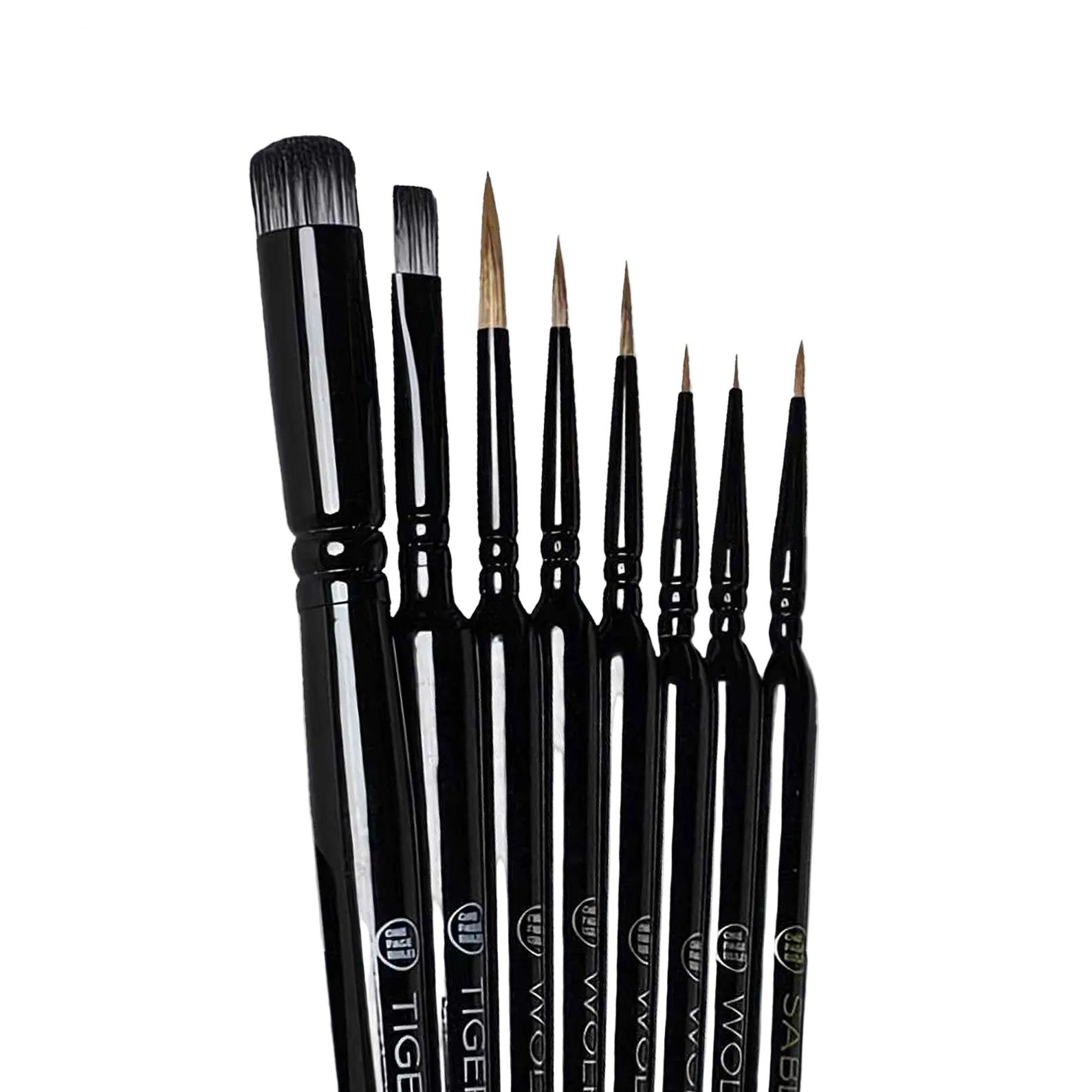 Set of black painting brushes with visible brand names on a white background