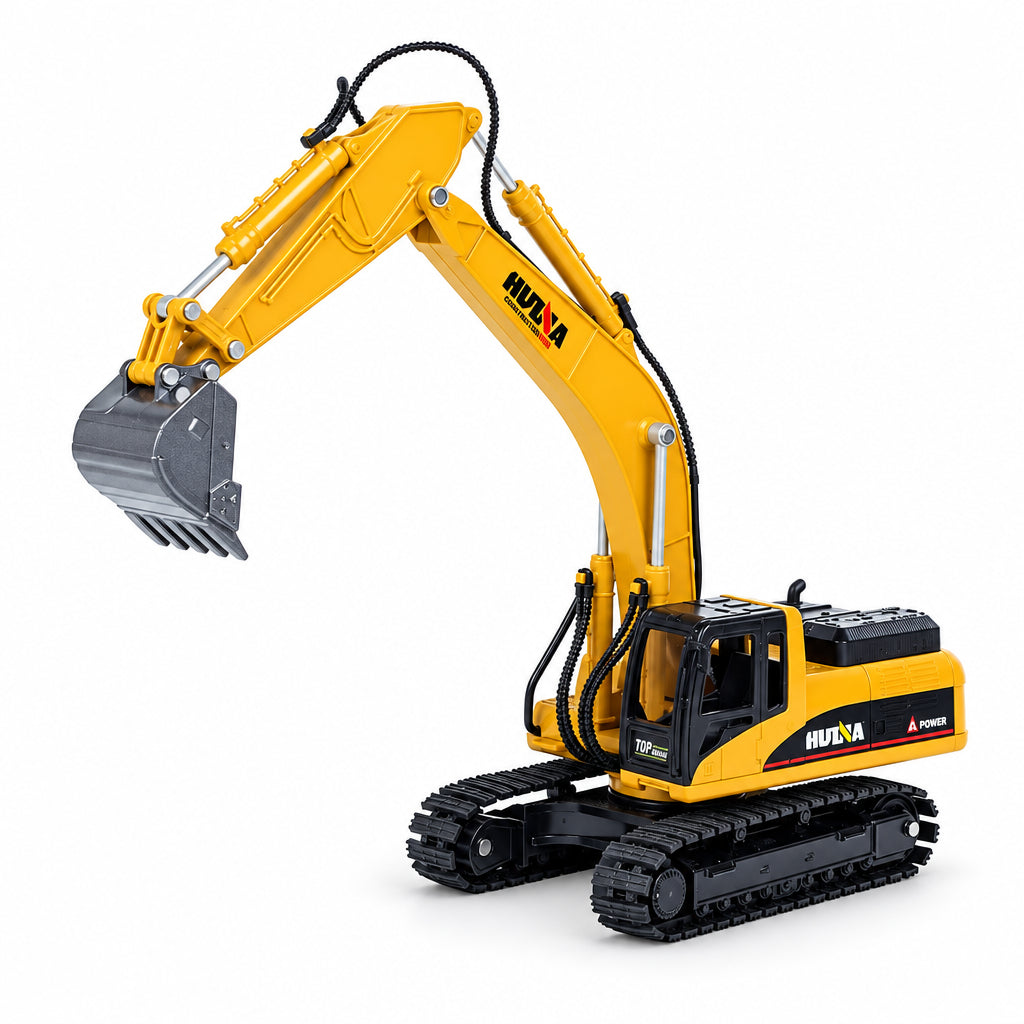 Toy excavator with a gray bucket on a white background