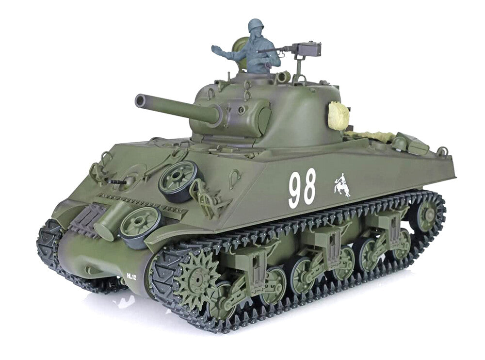 Heng Long 1/16 M4A3 Sherman RC Tank with a figure on top, featuring the number 98, on a white background