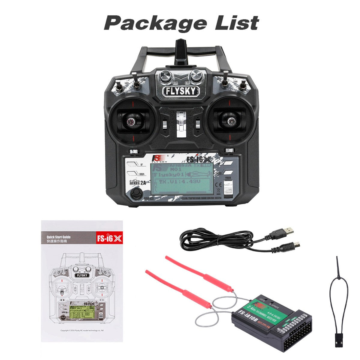 FlySky FS-i6X package contents — transmitter, FS-iA6B receiver, bind plug, Instruction Manual and USB cable.
