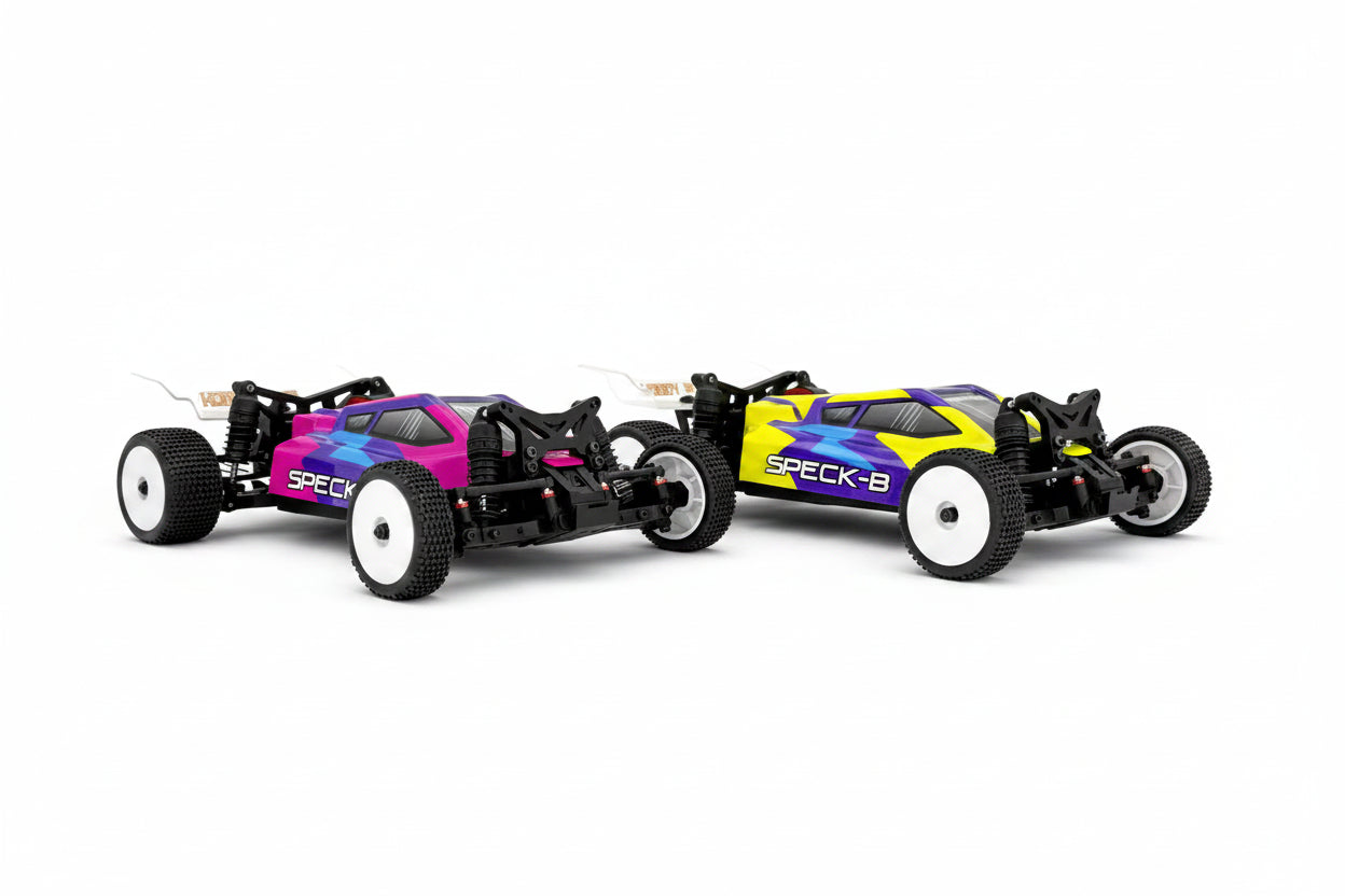 Two colorful remote control cars on a white background