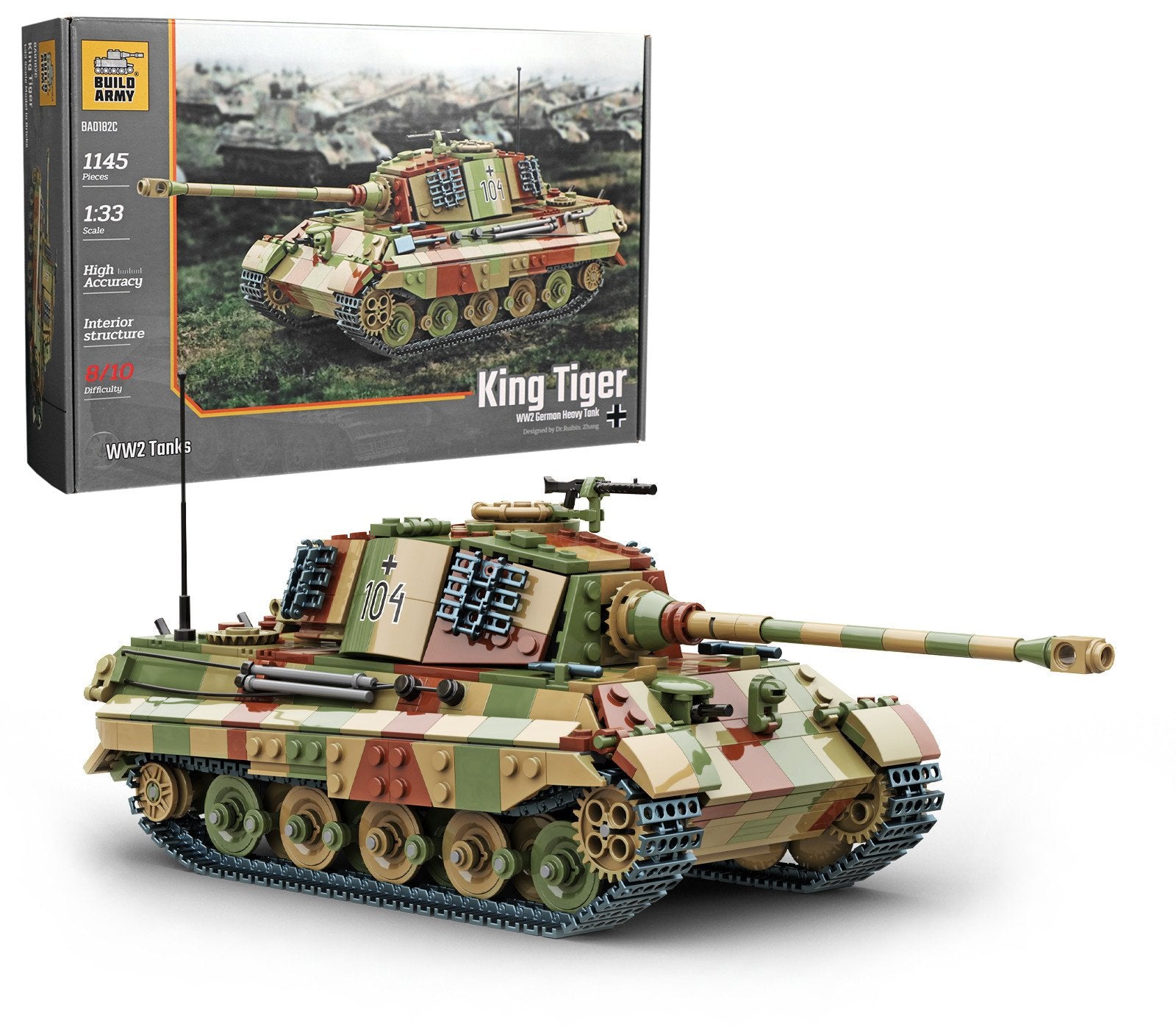 Model tank with camouflage pattern and 'King Tiger' branding, alongside its packaging.