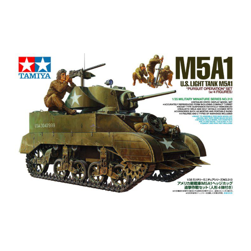 Tamiya 35313 1/35 Scale US Light Tank M5A1 - Pursuit Operation w/4 Figures Model Kit - Techtonic Hobbies - Tamiya